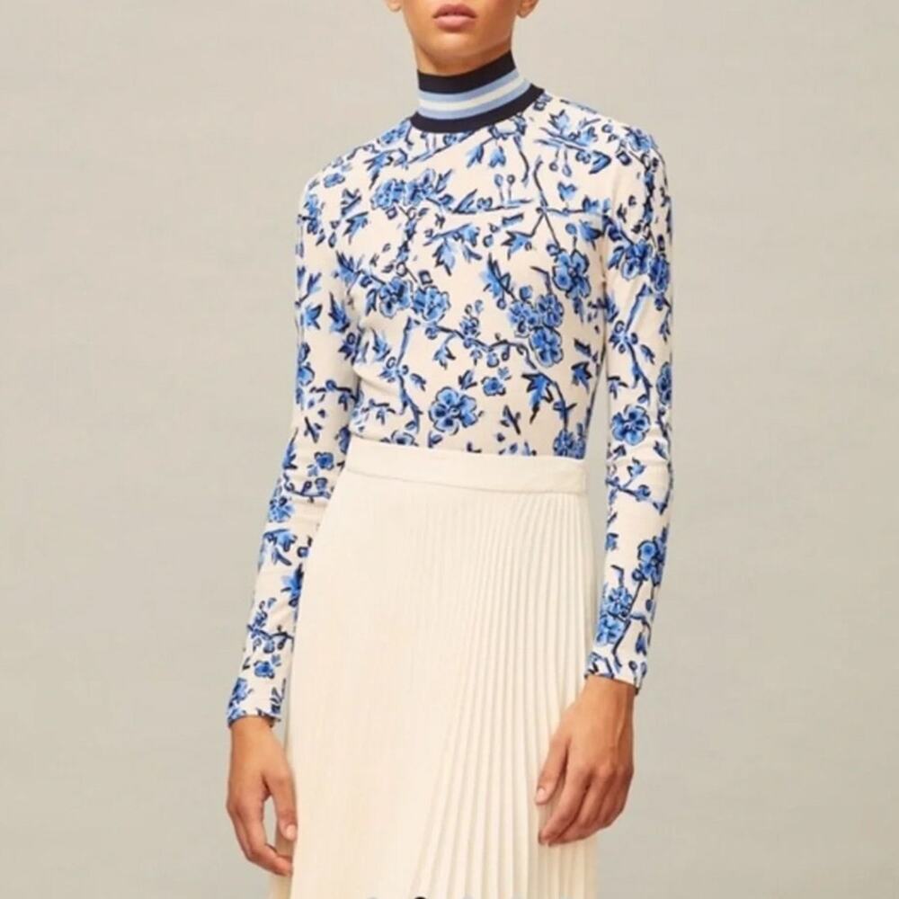 Tory Burch Printed Rib Turtleneck in Blue Branches NWT NEW Size XL